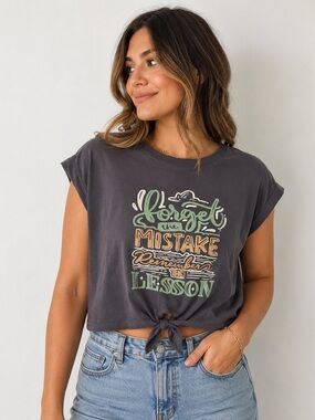 Charcoal Graphic Tie Front Crop Top Rolled Sleeves